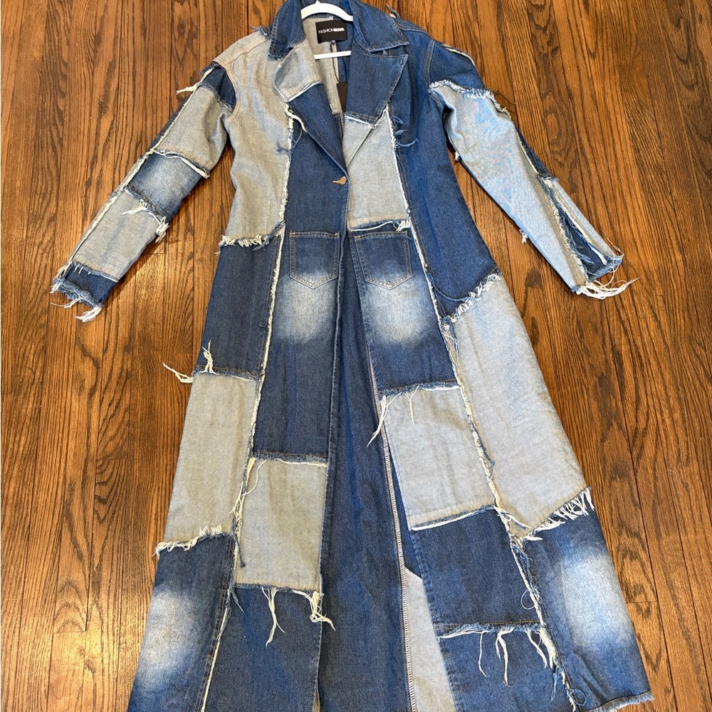 Fashion Nova Blue and Gray Patchwork Denim Coat